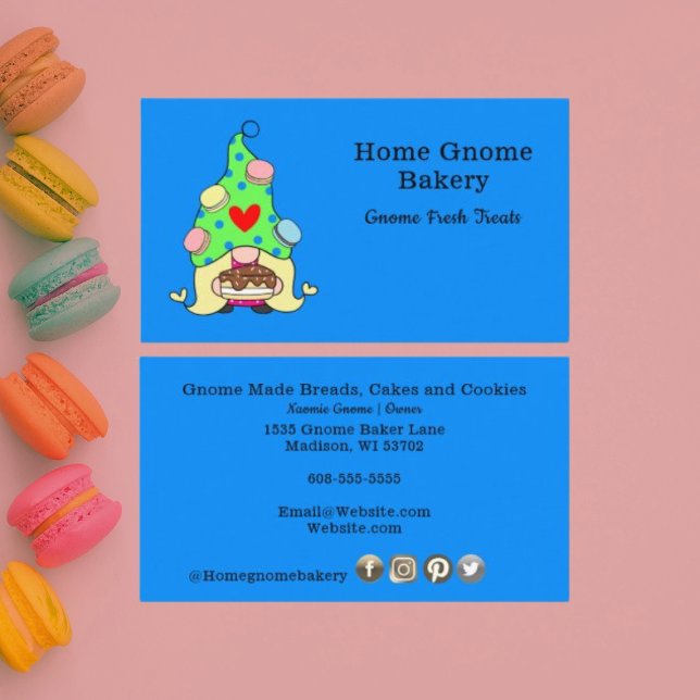 Gnome Hometown Bakery Pastry Cakes & Treats Blue Business Card (Creator Uploaded)