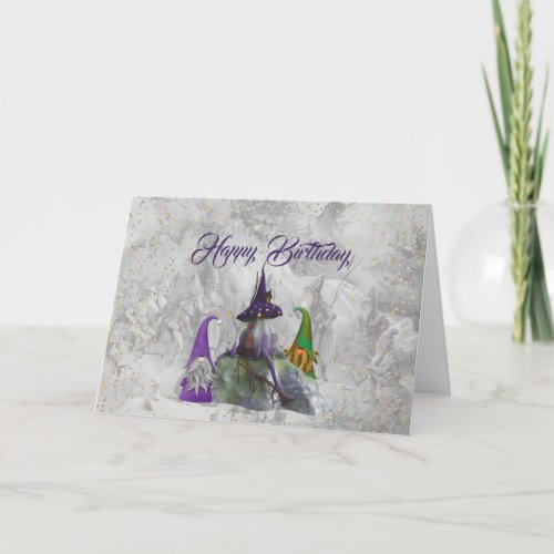 Gnome House Gold Confetti Purple  Birthday Card