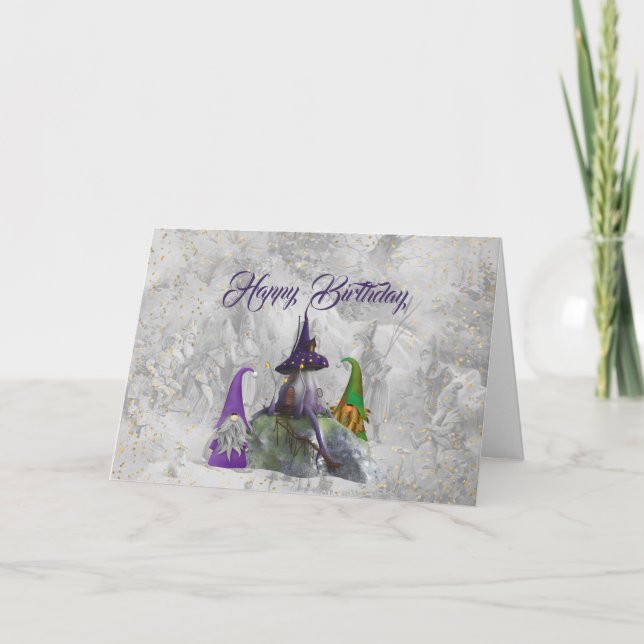 Gnome House Gold Confetti Purple  Birthday Card (Front)