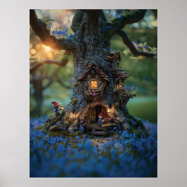 Gnome house in a tree surrounded by bluebells poster (Front)