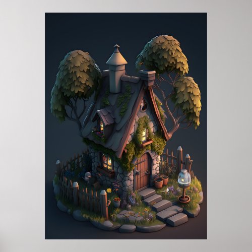 Gnome house with flowers poster