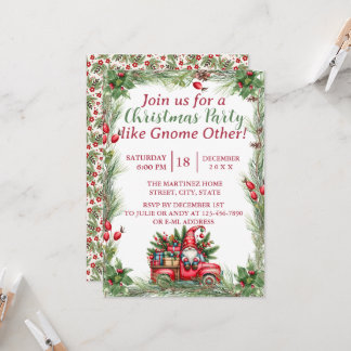 Gnome in a Vintage Red Truck Christmas Party Invitation