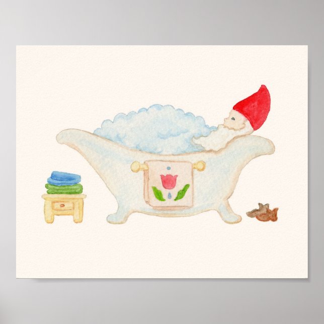 Gnome in Bubble Bath bathroom art print (Front)