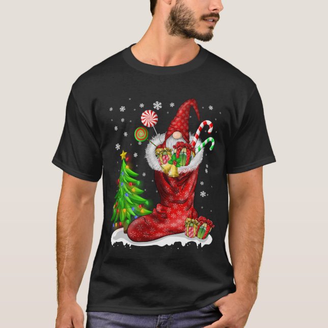 Gnome In Christmas Sock Funny Pajamas Family Gnome T-Shirt (Front)