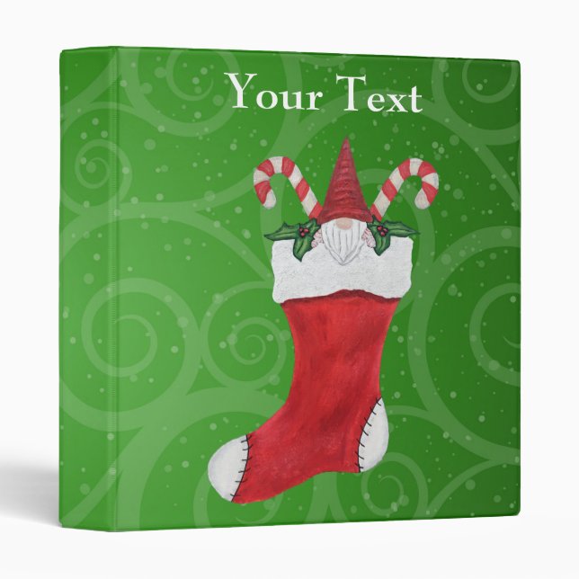 Gnome in Christmas Stocking Candy Canes green 3 Ring Binder (Front/Spine)