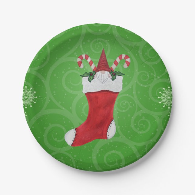 Gnome in Christmas Stocking Green Swirls Snowflake Paper Plates (Front)