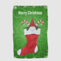 Gnome in Christmas Stocking Snowflakes Swirls Golf Towel