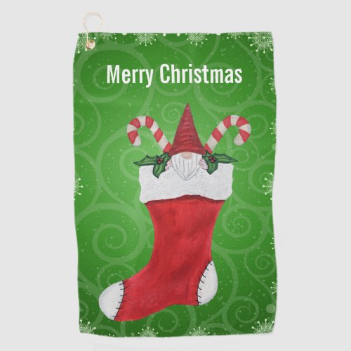 Gnome in Christmas Stocking Snowflakes Swirls Golf Towel