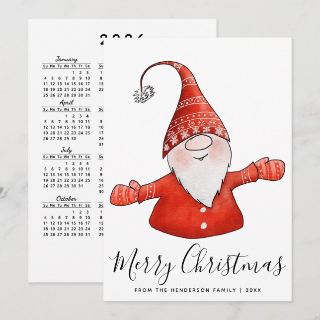 Gnome in Red 2026 Calendar Merry Christmas Nordic Holiday Card (Front/Back)