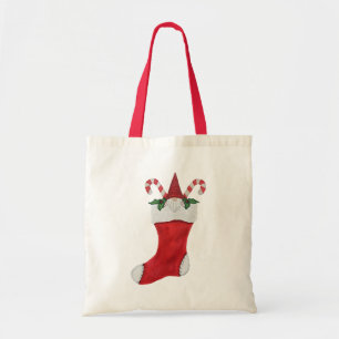 Gnome in Red Christmas Stocking Candy Canes Holly Tote Bag