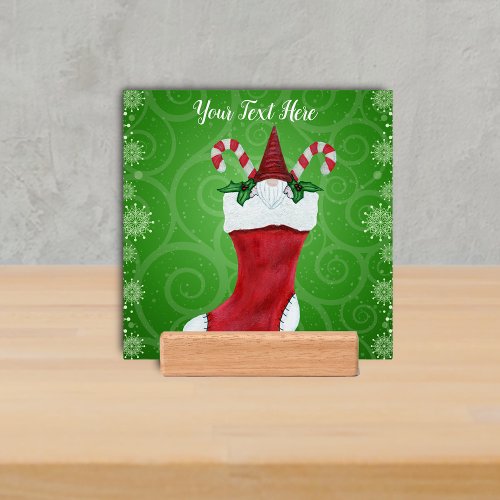 Gnome in Red Christmas Stocking Snowflakes Green Holder