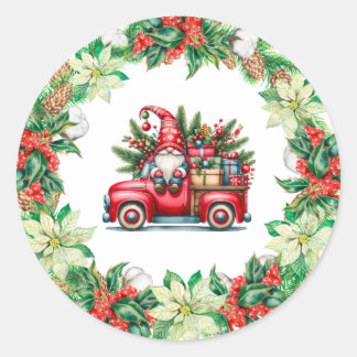 Gnome in Red Truck Filled With Gifts Classic Round Sticker