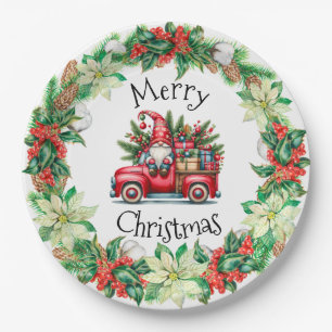 Gnome in Red Truck Filled With Gifts Paper Plates
