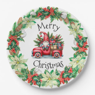 Gnome in Red Truck Filled With Gifts Paper Plates