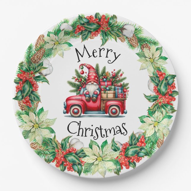 Gnome in Red Truck Filled With Gifts Paper Plates (Front)