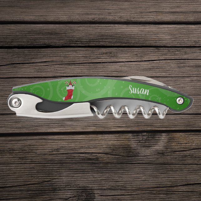 Gnome in Stocking Candy Canes Fancy Green Swirls Waiter's Corkscrew (Cute gnome red hat inside red Christmas stocking with candy canes on green swirls corkscrew.)