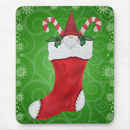 Gnome in Stocking Green Swirls Snowflakes Mouse Pad
