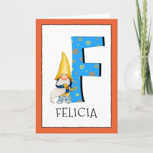 Gnome Kids Letter F Name and Age Birthday Greeting Card