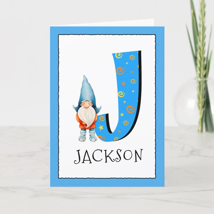 Gnome Kids Letter J Name and Age Birthday Greeting Card Zazzle