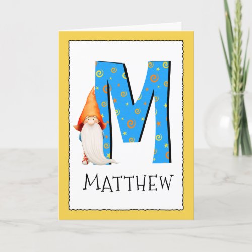 Gnome Kids Letter M Name and Age Birthday Greeting Card
