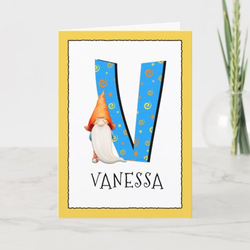 Gnome Kids Letter V Name and Age Birthday Greeting Card