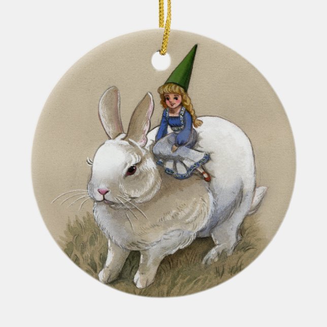 Gnome Lady And White Rabbit Ornament (Front)