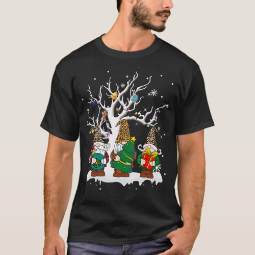 Gnome Leopard Christmas Tree Lights Santa Hat Xmas T_Shirt