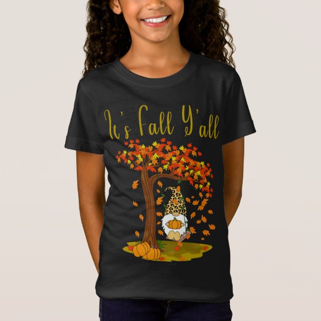 Gnome Leopard Fall Pumpkins Cute It's Fall Y'all T T-Shirt (Front)