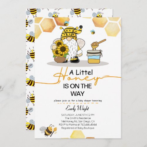 Gnome little honey bee baby shower invitations