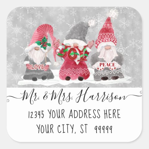 Gnome Love Joy Peace Christmas Card Address Square Sticker