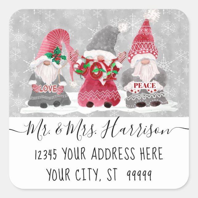 Gnome Love Joy Peace Christmas Card Address Square Sticker (Front)