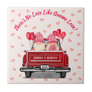Gnome Love Pink Glitter Hearts Vintage Red Truck Ceramic Tile
