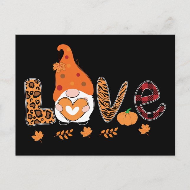 Gnome Love Pumpkin Leaves Thanksgiving Postcard (Front)