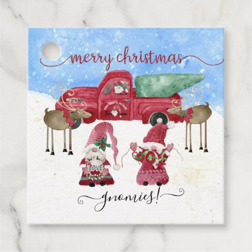 Gnome Merry Christmas Watercolor Snow Red Truck Favor Tags