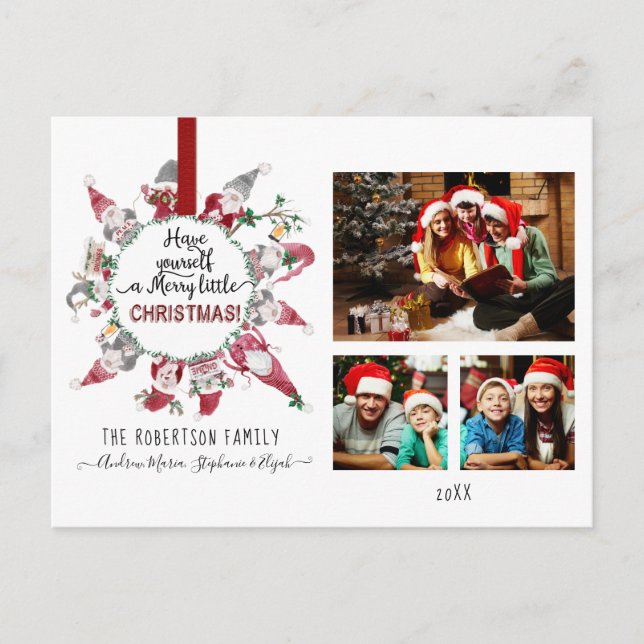 Gnome Merry Little Christmas Red Gray Family Photo Holiday Postcard (Front)