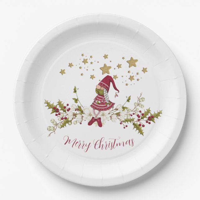 Gnome Nordic Red Green Gold Stars    Paper Plates (Front)