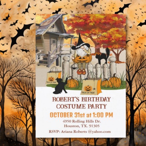 Gnome On Fence Fall Birthday Halloween Party  Invitation