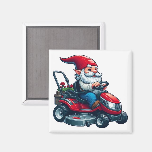 Gnome on Riding Lawn Mower with Flower Basket Magnet (Front/Back)