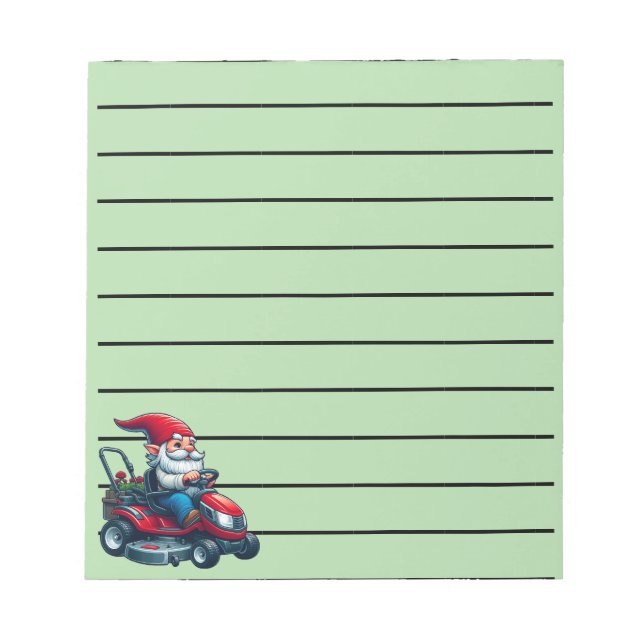 Gnome on Riding Lawn Mower with Flower Basket Notepad (Front)