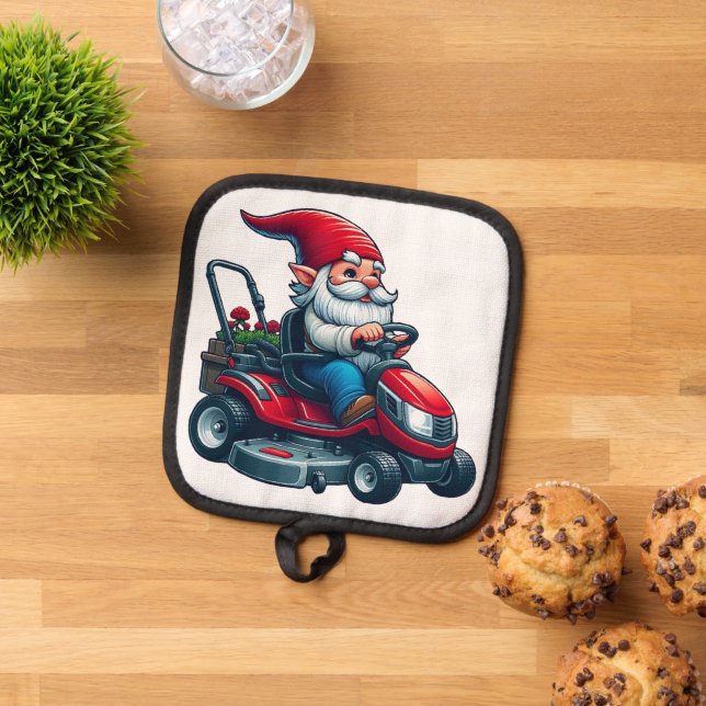 Gnome on Riding Lawn Mower with Flower Basket Pot Holder (Top Down)