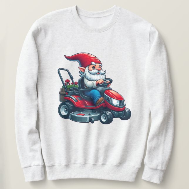 Gnome on Riding Lawn Mower with Flower Basket Sweatshirt (Design Front)