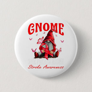 Gnome One Fights Alone Stroke Awareness Red Ribbon Button