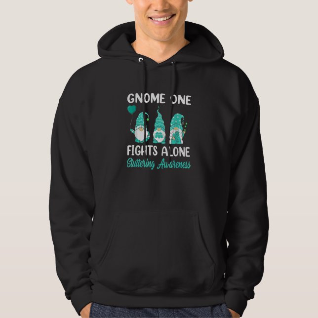 Gnome One Fights Alone Teal Ribbon Stuttering Awar Hoodie (Front)