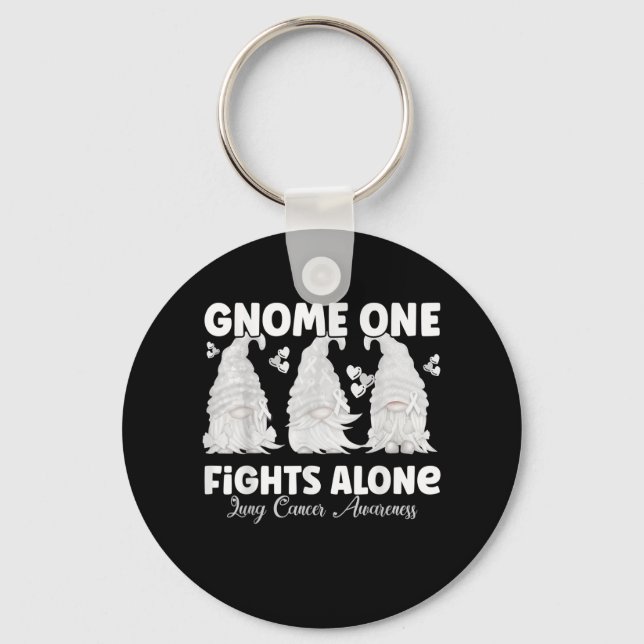 Gnome One Fights Alone White Lung Cancer Awareness Keychain (Front)