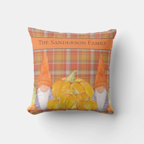  Gnome orange plaid with pumpkins Outdoor Pillow