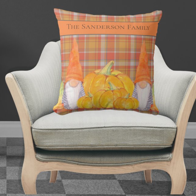  Gnome orange plaid with pumpkins Outdoor Pillow (Creator Uploaded)