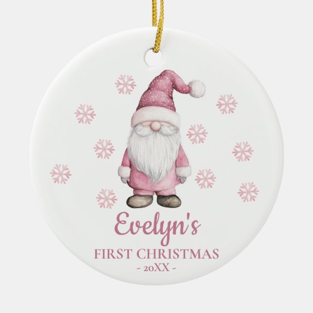 Gnome Personalized Girl's First Christmas Ceramic Ornament (Front)