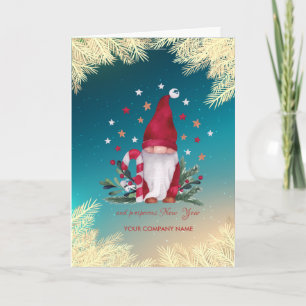Gnome Pine Tree Branches Gold Stars Holiday Card