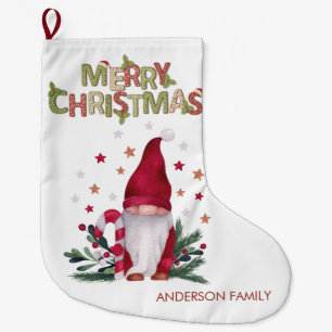 Gnome Pine Tree Branches Stars Merry Christmas Large Christmas Stocking