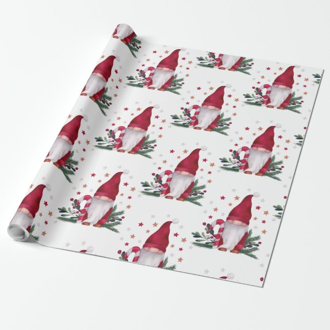Gnome Pine Tree Branches  Stars Merry Christmas Wrapping Paper (Unrolled)